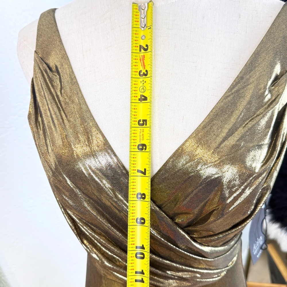 NWT Aidan Mattox Gold‎ Metallic Foiled V-Neck Evening Gown 2 Lame Glam Luxury - Picture 11 of 16